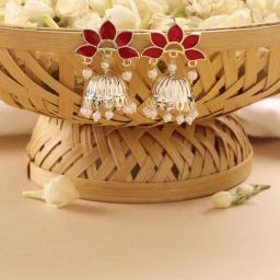 Zaveri Pearls Red Enamel Beads Ethnic Jhumki Earring-ZPFK16683-14