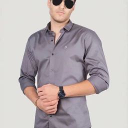Almaty Dark Grey Cotton Slim Fit Shirt-image-23