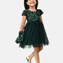 Bella Moda Girls Green Embellished Dress with Sling Bag-image-59