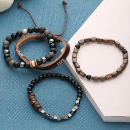 Aatmana Men Brown & Black-Coloured Leather & Beads Wraparound Bracelet - Set of 4-picture-49