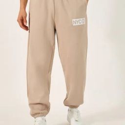 Styli Beige Cotton Relaxed Fit Graphic Joggers-image-26
