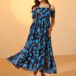 Globus Blue Flare Fit Floral Print Dress-picture-40