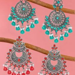 OOMPH Jewellery Oxidized Silver Green & Red Stones With Pearls Ethnic Chand Bali - Set of 2-image-27