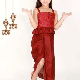 VASTRAMAY Girls Maroon Embroidery Lehenga Cholis-image-96