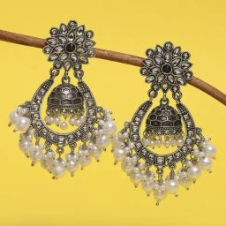 OOMPH Jewellery Oxidized Silver Kundan & Pearls Ethnic Traditional Jhumki-image-48