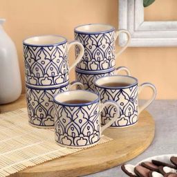 VarEesha Mehraab Off-White & Blue Ceramic Tea Cup (0.15 L) - Set of 6-39