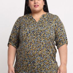 plusS Black & Yellow Plus Women Floral Print Shirt Style Top-image-81