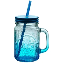 Aura Set of Blue Coloured Mason Jar With Metal Lid & Straw 480 ml Each image 3