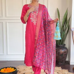 KALINI Women Floral Embroidered Regular Thread Work Kurta with Trousers & With Dupatta-image-97