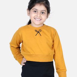Aww Hunnie Full Sleeves Bow Detailed Winter Wear Crop Sweatshirt - Mustard Yellow-image-88
