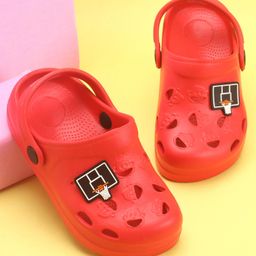 Pine Kids Clogs With Back Strap Basketball Applique- Red-image-78