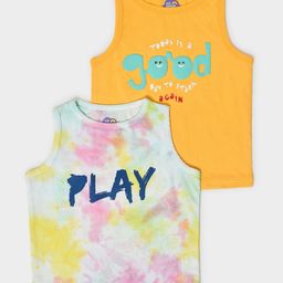 Mi Arcus  Cotton Sleeveless Patel Crumple Tie & Dye With Text Print Tees Pack of 2 Yellow & White-image-68