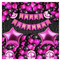 Bubble Trouble  Happy Birthday Party Decoration Combo Set Contains Banner Confetti Metallic Balloons Foil Fringe Curtain Pink & Black Pack of 33 Pcs-image-13