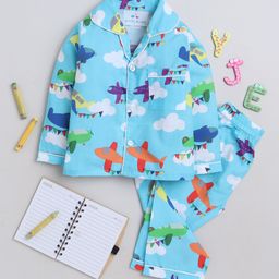 Knitting Doodles Premium Cotton Full Sleeves Aeroplane  Printed    Coordinating Night Suit - Blue-image-92