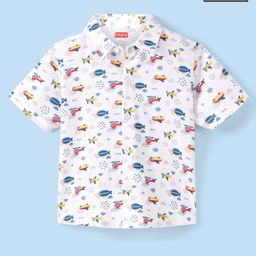 Babyhug 100% Cotton Knit Half Sleeve Shirt With Aircraft Print - White-image-45