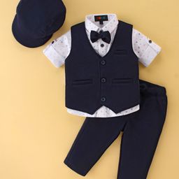 Robo Fry Knit to Woven Full Sleeves Solid Color Party Suits With Cap and Bow - Navy Blue-image-48