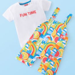 Babyhug 100% Cotton Knit Single Jersey Dungaree & Half Sleeves T-Shirt Set With Text & Abstract Print - Multicolour-image-72