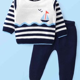 Babyhug Knit Full Sleeves Sweater Set With Stripes & Nautical Theme Design - Navy Blue & White-picture-18