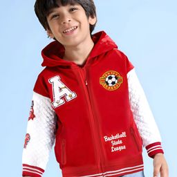 Babyhug Full Drop Shoulder Sleeves Hooded Sweatjacket With Text Embroidery & Badge Detailing - Red & White-image-76
