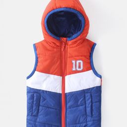 Babyhug Sleeveless Colour Block Padded Hooded Jacket With Embroidery Detailing - Red & Blue-picture-2