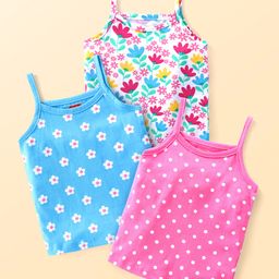 Babyhug 100% Cotton Knit Singlet Sleeves Antibacterial Slips With Polka Dots & Floral Print Pack of 3 - Blue & Pink-image-53