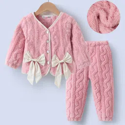 Kookie Kids Full Sleeves Winter Wear Night Suit With Bow Appliques - Pink-picture-14