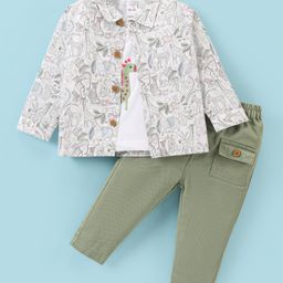Wow Clothes Cotton Woven Full Sleeves Animals Printed Shirt With Inner Tee & Trouser Pants - Olive-image-72