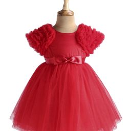 Babyhug Woven Half Ruffle At Sleeves Shimmered Fit & Flared Party Frock with Bow Applique - Red-image-25