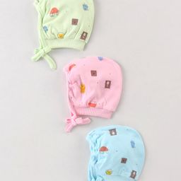 Simply Interlock Knit Animals Printed Baby Caps Pack of 3 Light Green Pink & Blue - Diameter 8 cm-picture-47