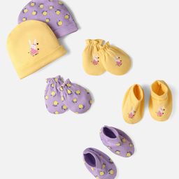 Doodle Poodle Interlock Knit Cap Mittens & Booties Set with Bunny & Text Print Pack of 2 - Yellow & Lavender-6