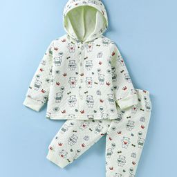 Tango Knit Full Sleeves Front Open Hooded Winter Wear Night Suit with Teddy Print - Light Green-image-74