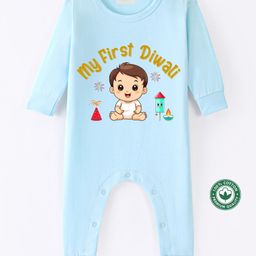 BLUSHES Diwali Theme 100% Cotton Full Sleeves My First Diwali Text Printed Romper - Powder Blue-picture-41