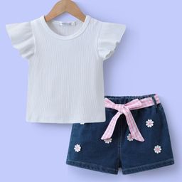 Mark & Mia Frill Sleeves Ribbed Top & Denim Shorts Set With Floral & Bow Applique - White & Navy Blue-picture-23