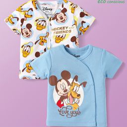 Babyoye Disney Interlock Knit Half Sleeves Front Open Jhablas With Mickey & Friends Graphic With Gold Foil Detailing Pack Of 2 - White & Light Blue-image-85