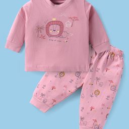 Zero Interlock Knit Full Sleeves Night Suit with Lion Print - Light Red-image-49