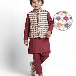 Babyhug Woven Full Sleeves Kurta Pyjama Set with Embroiderd Jacket - Maroon-image-90