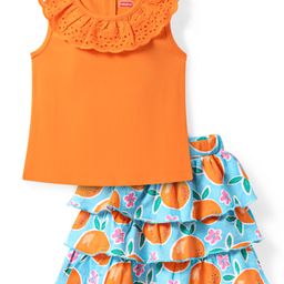 Babyhug Single Jersey Knit Sleeveless Top & Frill Skirts Set with Orange Print - Orange & Blue-image-93
