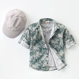 Rikidoos Full Sleeves Palm Trees Printed Shirt With Attached Tee & Cap - Green & Melange-image-21