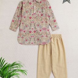 The Magic Wand Cotton Full Sleeves Floral Printed Kurta Pyjama Set - Beige & Pink-image-3
