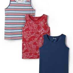 Honeyhap Cotton Elastane Knit Sleeveless Vests With Stripes & Construction Vehicle Print Pack Of 3 - Savy Red Navy Peony & Bright White-image-23