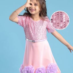 Hola Bonita Knit Half Sleeves Sequinned Party Dress With Floral Applique & Belt - Pink-image-85