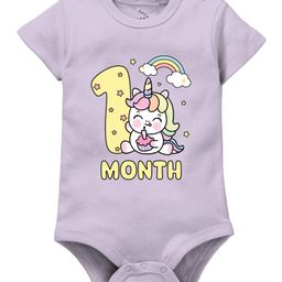 Zeezeezoo Monthly Birthday Theme 100% Cotton Half Sleeves 1 Month Text & Baby Unicorn Printed Onesie - Lavender-image-18