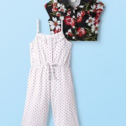 Babyhug Cotton Knit Cap Sleeves Shirt with Jumpsuit Set with Floral Print - Black & White-image-10
