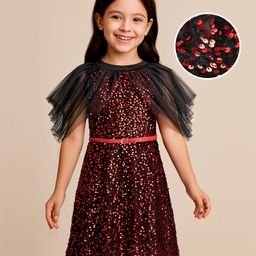 Hola Bonita Knit Sequin Cowl Glitter Mesh Half Sleeve Party Dress With Belt - Red-picture-7