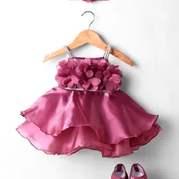 Enfance Sleeveless Floral Applique Detailed Knee Length Layered Dress With Headband & Booties - Magenta-picture-43