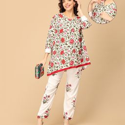 The Mom Store Cotton Knit Three Fourth Sleeves Floral Swirl Printed Maternity Kurta With Nursing Access & Coordinating Pant - Multi Colour-image-8
