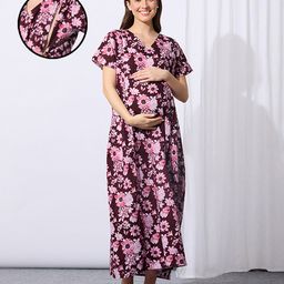 MomToBe Cotton Blend Half Sleeves Floral Printed Maternity Nighty With Side Seem Nursing Access - Claret Wine-picture-22