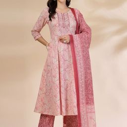 Yufta Floral Printed Thread Work Pure Cotton Anarkali Kurta With Trousers And Dupatta-picture-11