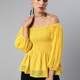 Sera Women Yellow Solid Off-Shoulder Smocked A-Line Top-image-97