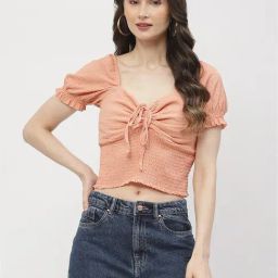 MADAME Orange Self Design Crop Top-image-27